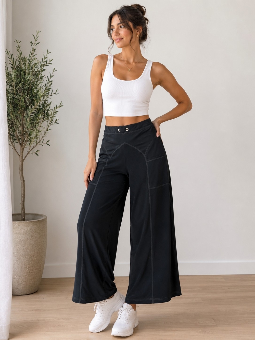 Joseph Ribkoff Wide-Leg Black Ponte Pants with High Waist